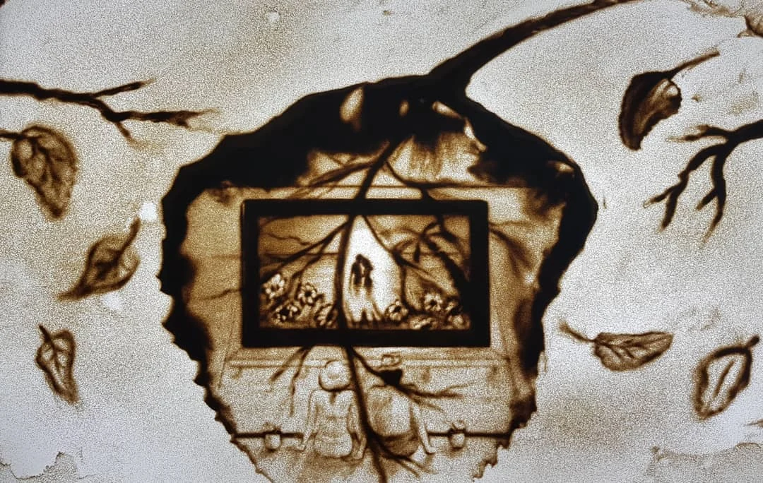 Narrative sand drawing titled I Miss You